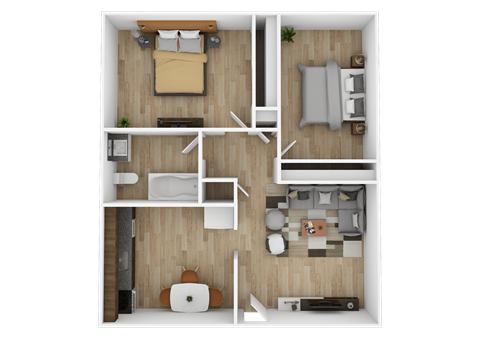 A top-down view of a small apartment with a bedroom, living room, and kitchen area.